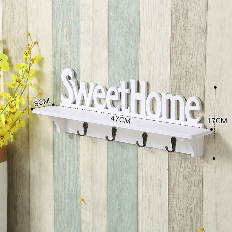 Small Wall Shelf White with 4 Hooks Wooden Rustic Home Decor 18.5", "Sweet Home" eBay